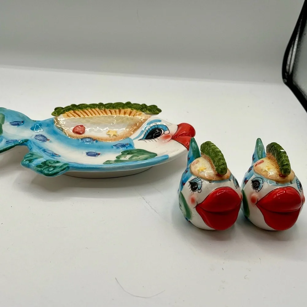 Colorful Ceramic Fish Decor with salt and pepper shakers